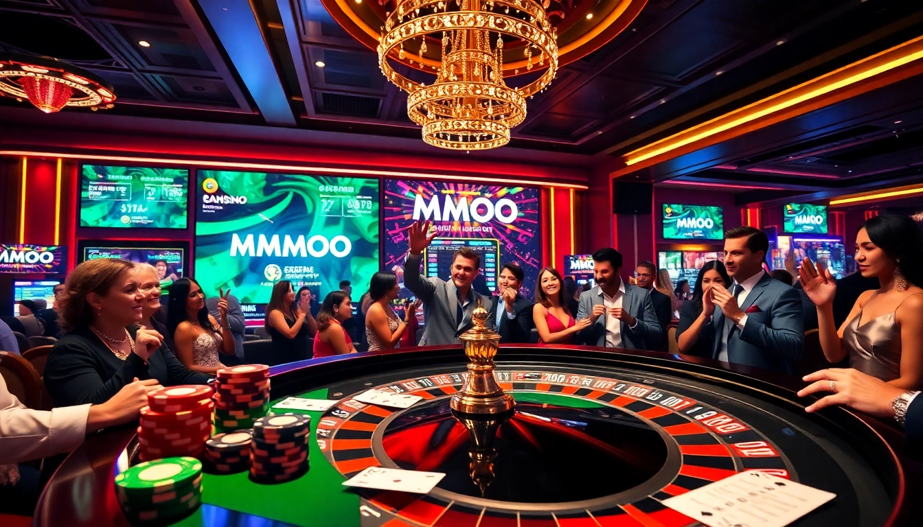 Engaged players celebrating wins at the MMOO live casino, surrounded by vibrant gaming elements.