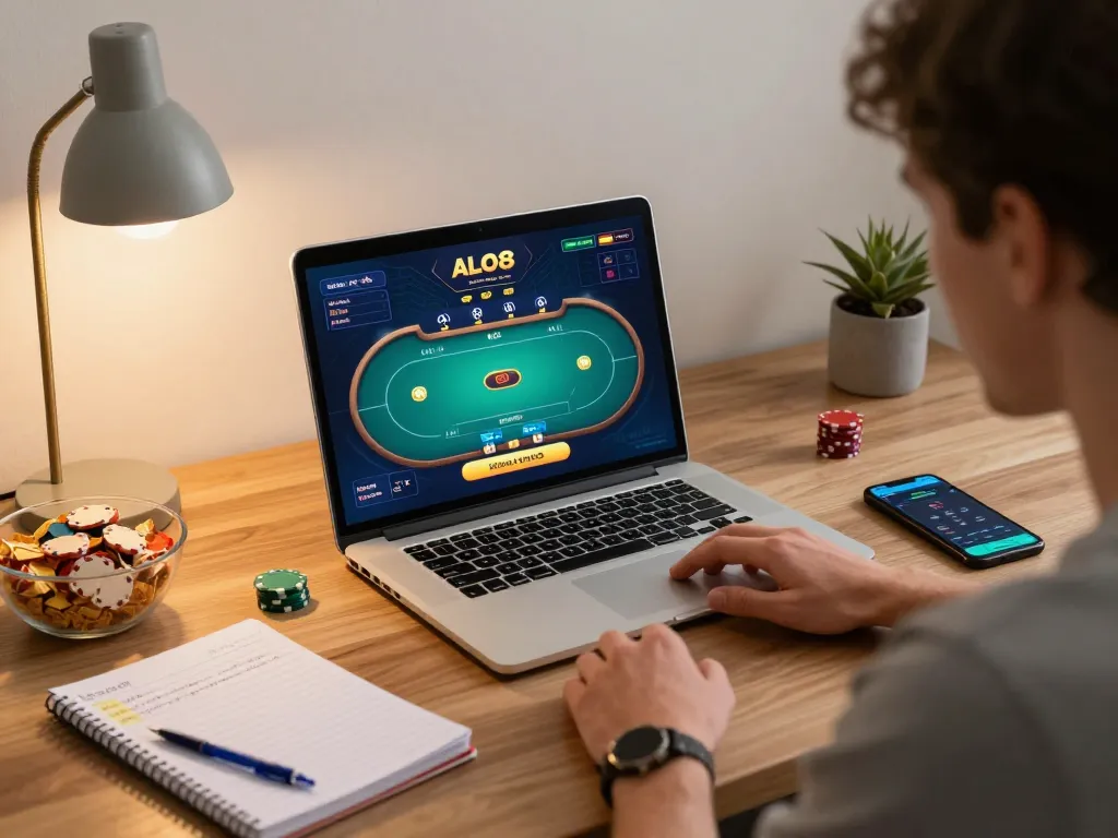 Experience intense online poker action with ALO8 interface while enjoying a cozy home atmosphere.