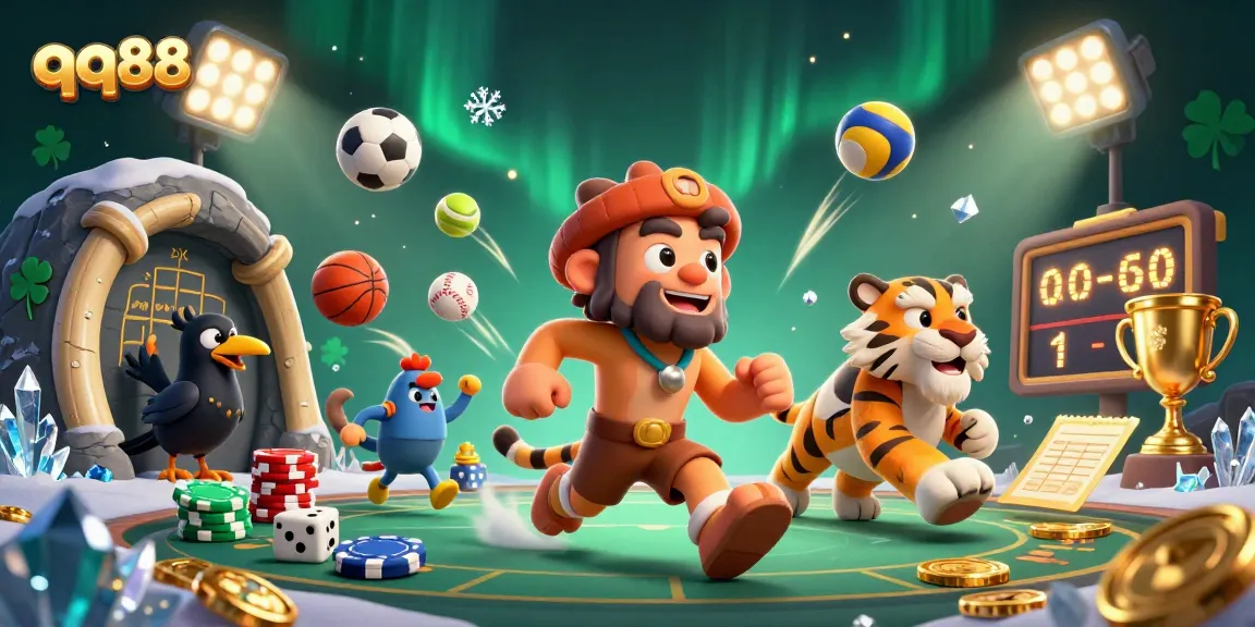 Engage with qq88 at this lively casino scene featuring dynamic game elements and playful characters.