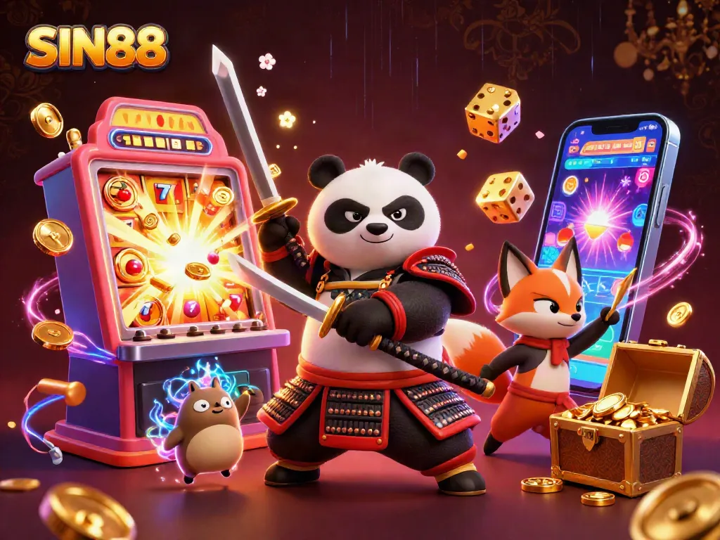 SIN88 players engage in thrilling slot action with a vibrant samurai panda and a ninja fox.