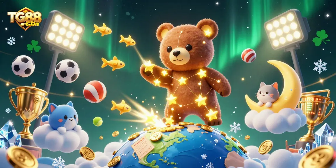 Experience the magic at TG88COM, as constellations and gold coins swirl in an energetic casino scene.