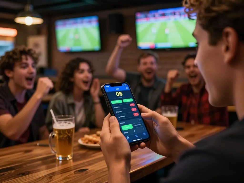 Sports fan using the O8 app for live betting during an exciting game at a packed sports bar