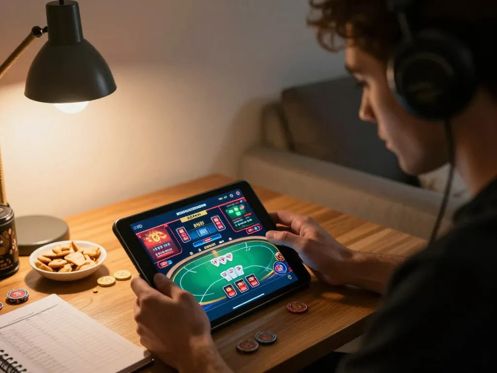 Engaged player strategizing with aud77 casino app while managing bankroll and notes.