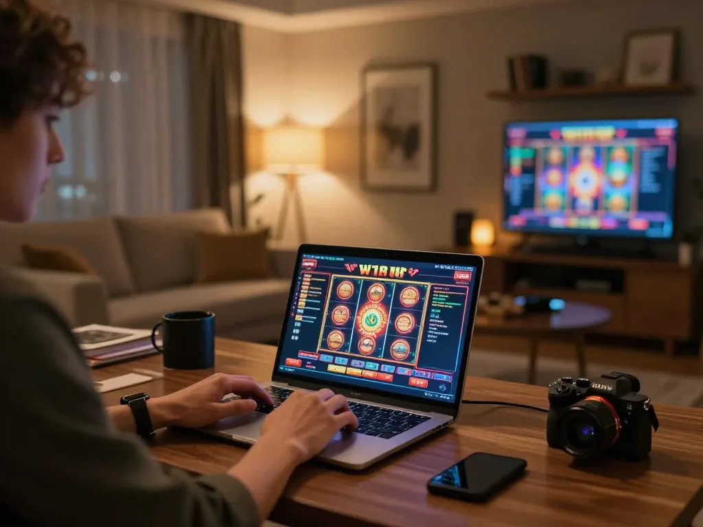 Engaging in W188 VIP online gaming on a laptop with a stylish home setup