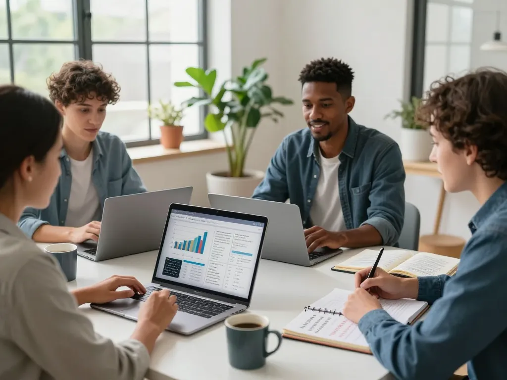 Engaged individuals discussing online Geld verdienen seriös strategies in a modern home office.