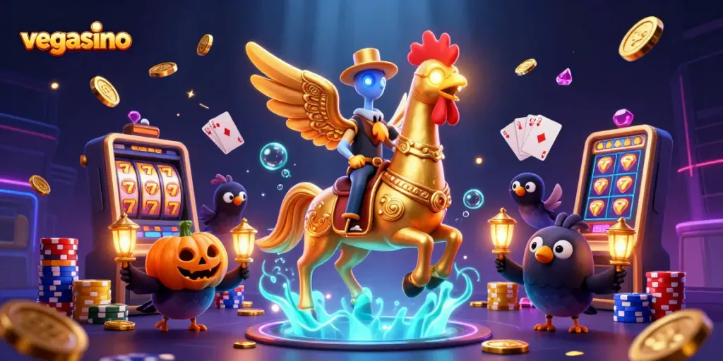 Engage in thrilling gameplay with vegasino, where a golden rooster headless horseman and mystical characters illuminate a spirited casino scene.
