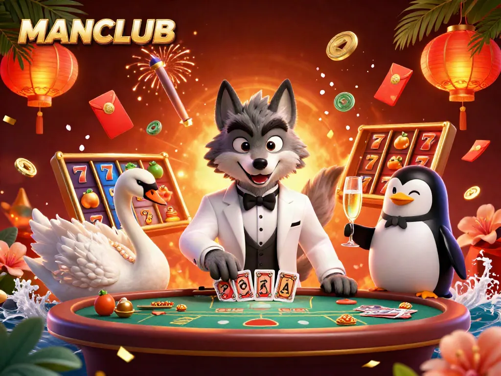 Experience excitement at MANCLUB with a vibrant scene of a wolf, swan, and penguin enjoying baccarat.