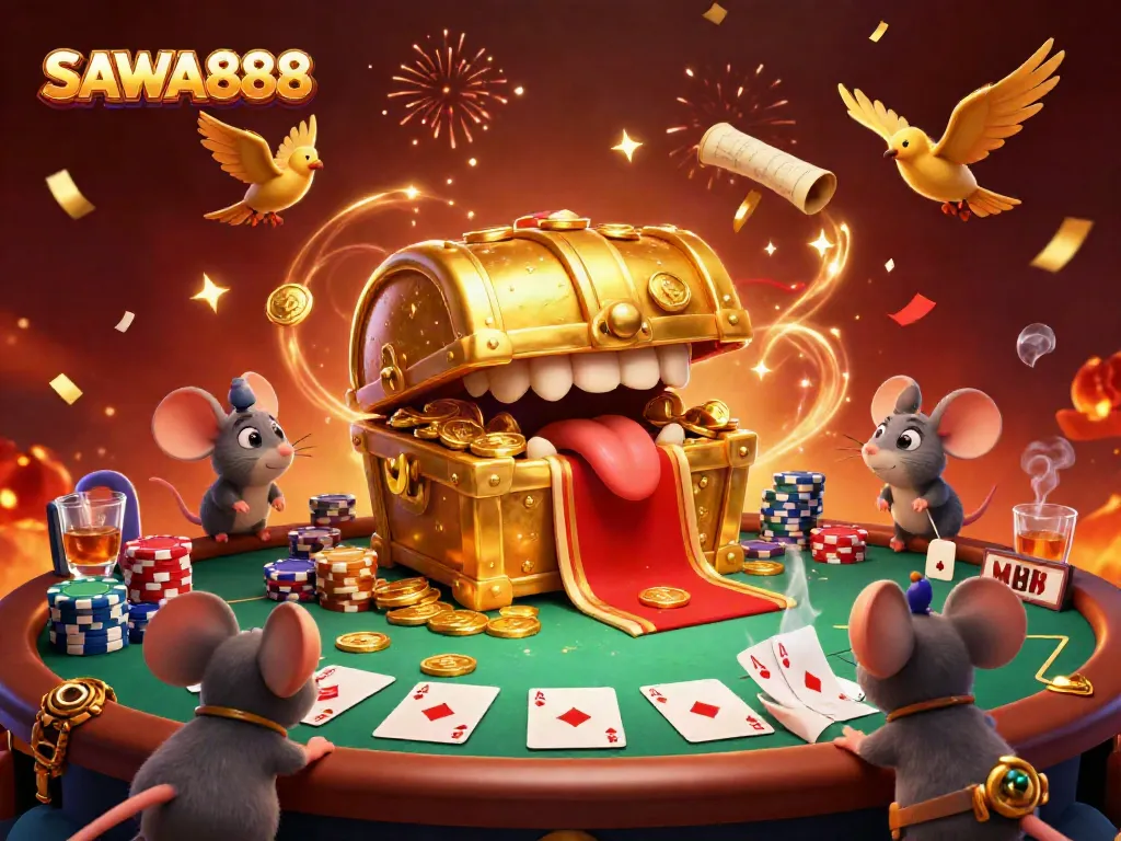 Experience the excitement at SAWA888 with a treasure chest enticing players under confetti and fireworks.