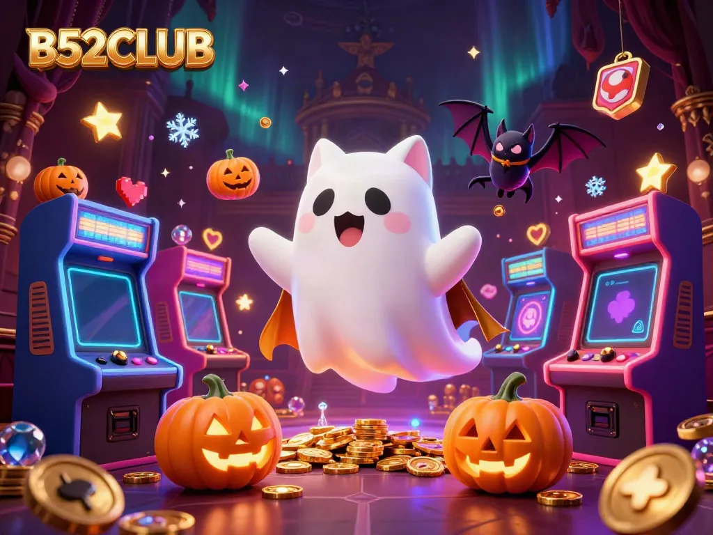 B52CLUB's ghost cat and bat explore a haunted casino filled with vibrant arcade elements.
