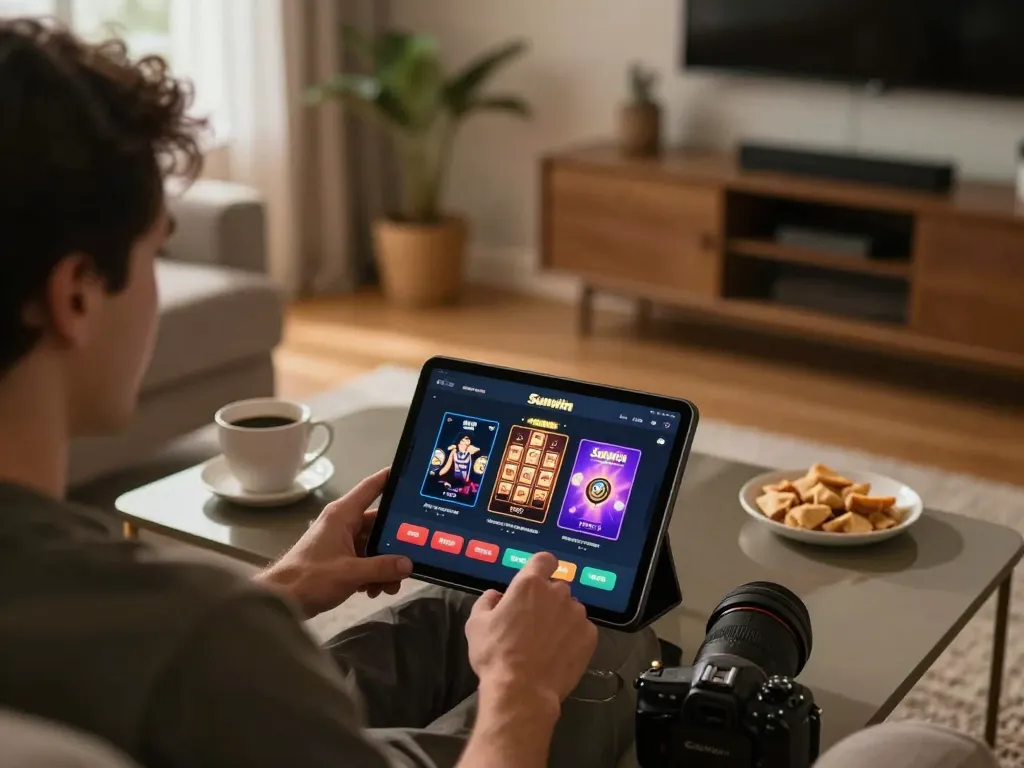 Engaged player using Sunwin app on tablet during online casino gaming session at home