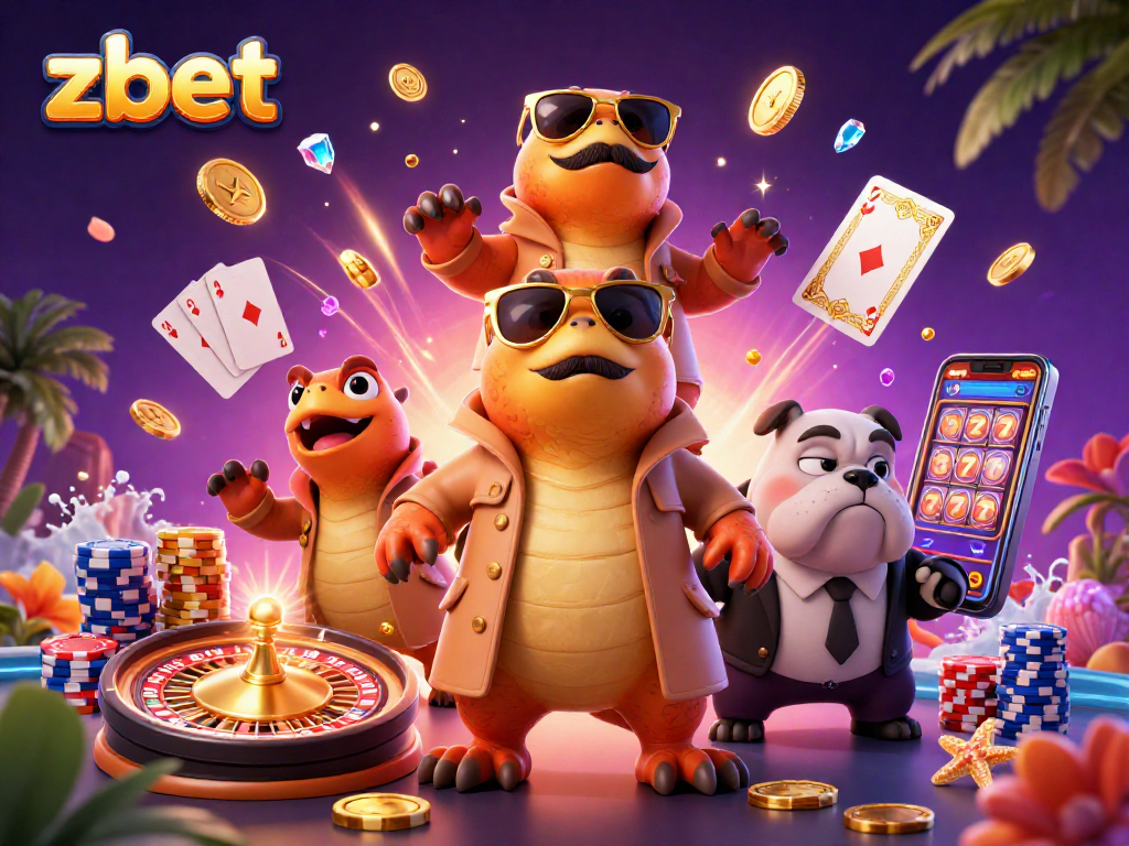 ZBET showcases fun 3D raptors sneaking into a VIP casino, filled with gems and golden coins.