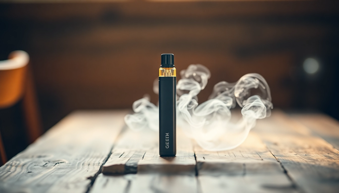 Showcasing GEEK THC disposable vape device with unique flavors and smooth design on a rustic table.