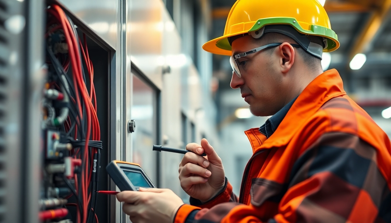 Technician performing DGUV V3 Prüfung on electrical equipment with precision tools in an industrial setting.