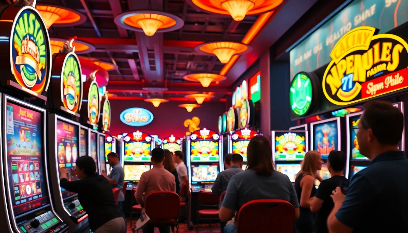 Erlebe vulkan spiele in einem lebhaften Casino mit bunten Spielautomaten und jubelnden Spielern.