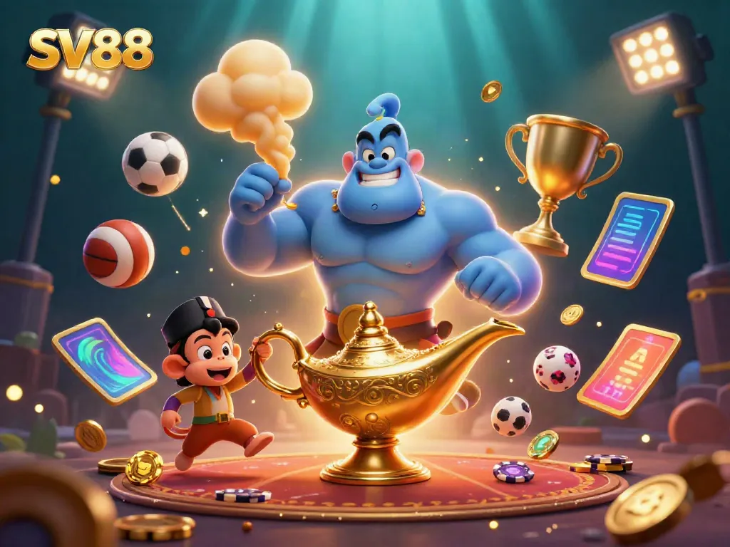 Engage with SV88's vibrant gaming experience featuring a magical genie, poker chips, and animated sports elements.