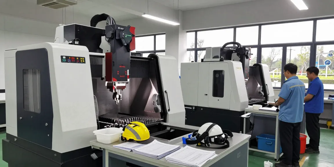 CNC-Technik in präziser Fertigung: Fachkräfte justieren Maschinen in modernem Werkstattumfeld.