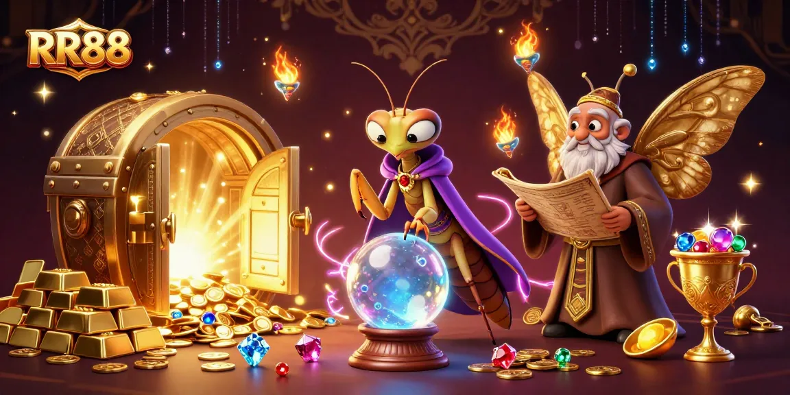 RR88 offers thrilling gaming with a unique fortune teller alongside a wise moth, surrounded by scattered treasures.