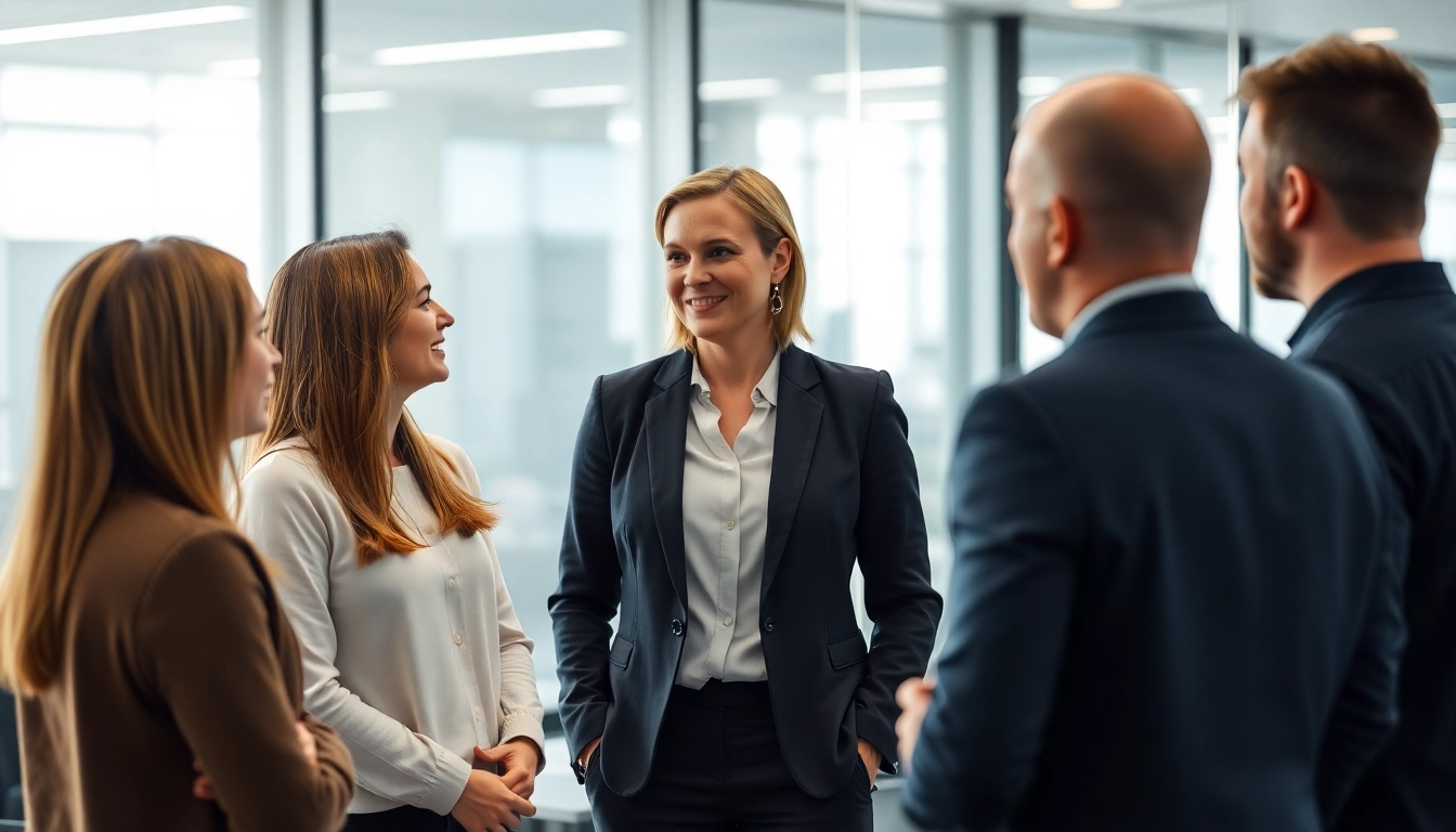 Unternehmensberatung: Erfolgreiche Interaktion zwischen einer Beraterin und einem Team in einem modernen Büro.