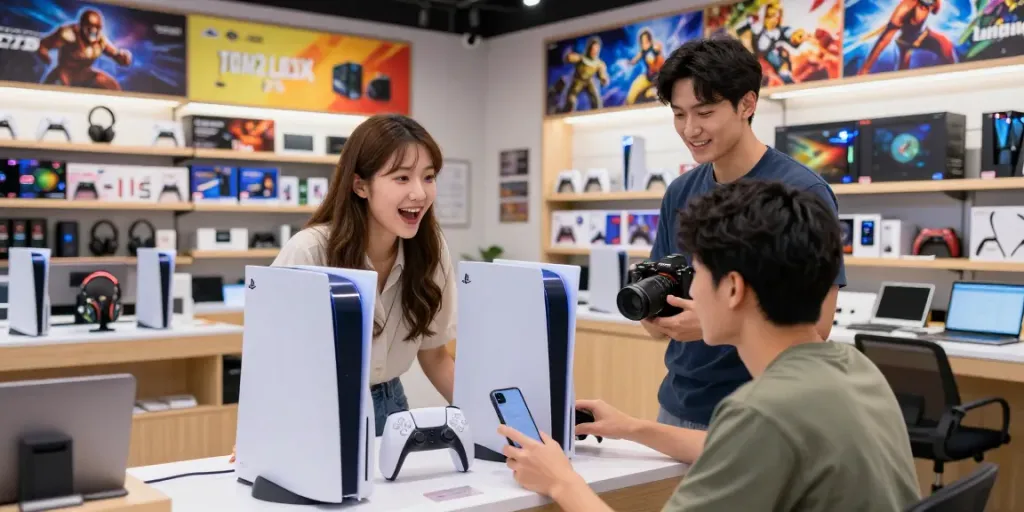 Excited customer exploring original rokok88 gaming consoles and accessories in a vibrant store.