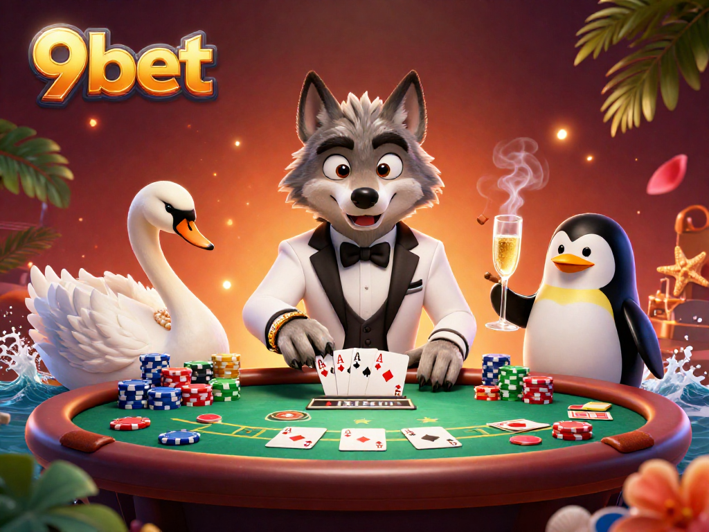 Engage in thrilling moments at 9bet casino with a debonair wolf and lavish gaming scene.