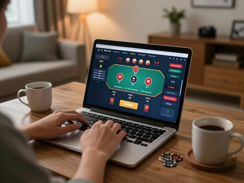 Engaging with GG88 online casino game on laptop in a cozy setting.