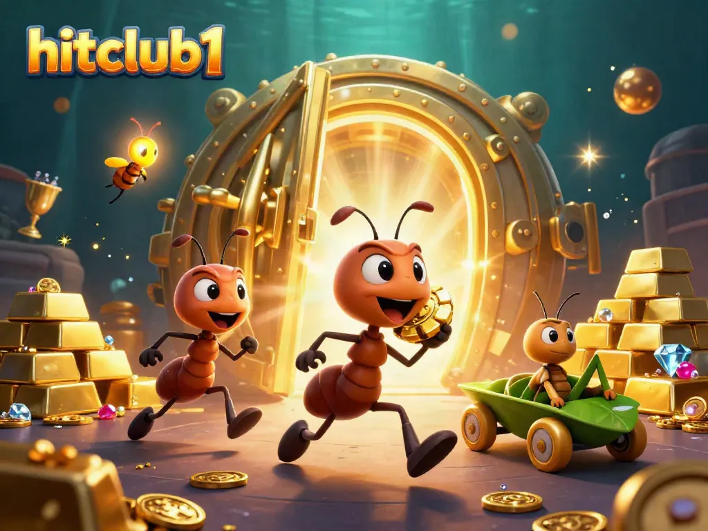 Hitclub1 showcases a 3D animated scene of ants heisting a giant poker chip amid treasure, highlighting casino adventure.