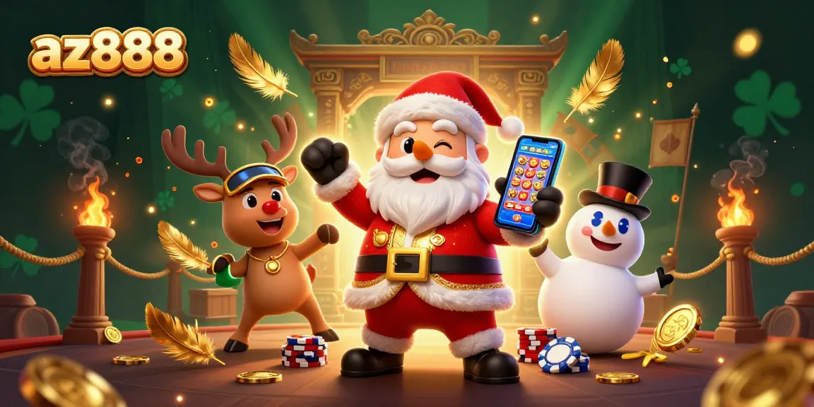 Engage with az888's lively casino scene featuring cartoon characters amid golden slot symbols and festive decor.