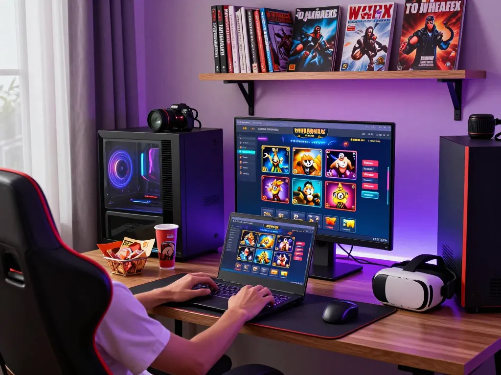 Engaging online entertainment atmosphere featuring 娛樂城 activities in a vibrant home office with gaming elements.