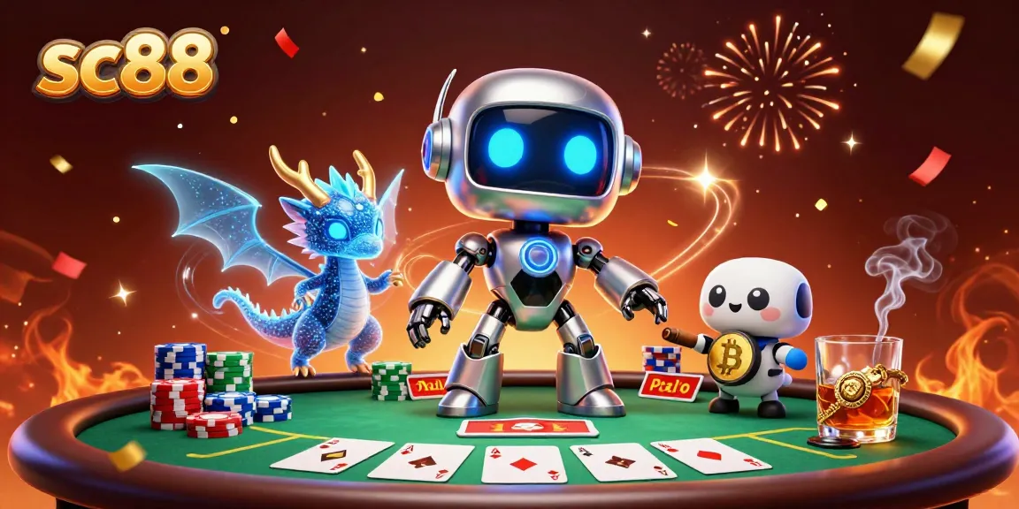 Sc88 players enjoying a vibrant poker scene with a cyberpunk robot and digital dragon.