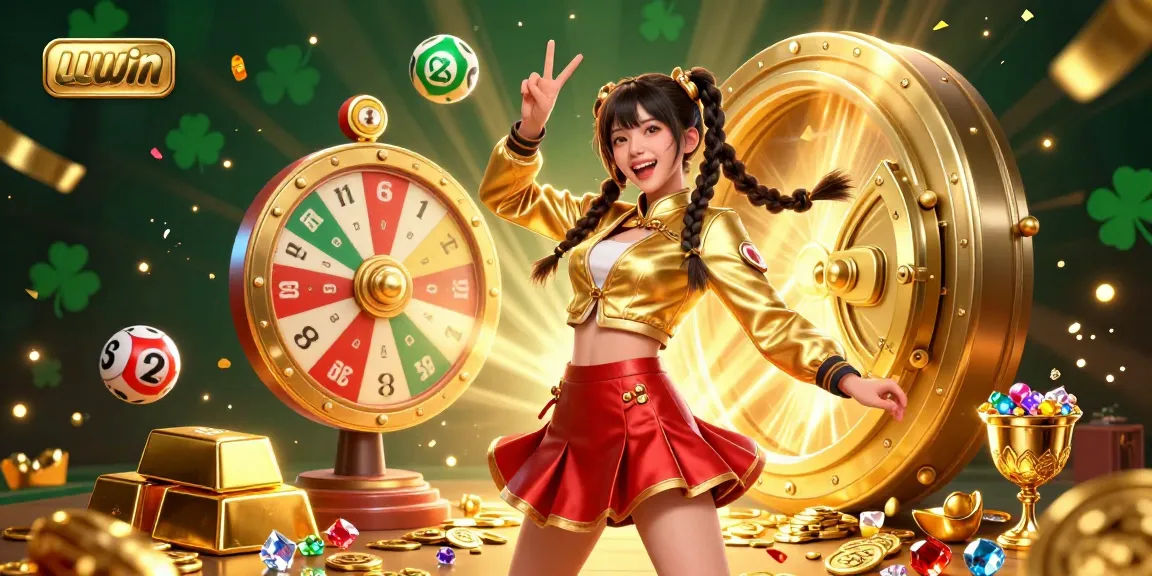 Experience thrill at LLWIN with a vibrant scene showcasing a joyful Asian woman, spinning prize wheel, and casino treasures.