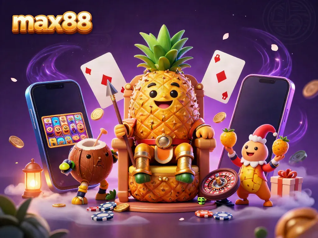 Experience max88's vibrant casino world with a golden pineapple king, coconut guards, and dynamic gaming elements.