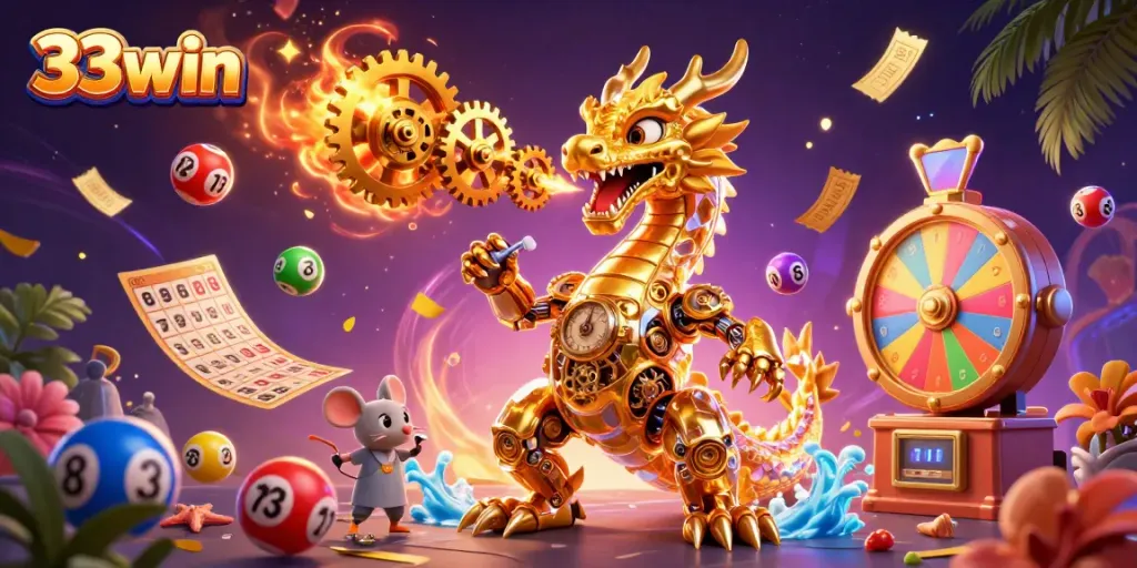 Engage with the thrilling world of 33win through our vibrant lottery and casino illustration!