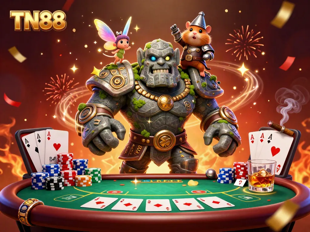 Experience the excitement of TN88 with a magical casino scene featuring a golem guardian and fairytale characters.