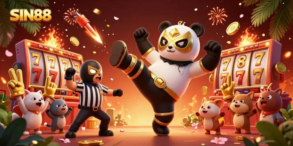 SIN88 showcases a lively casino scene with a panda wrestler, referee, and festive animal fans.