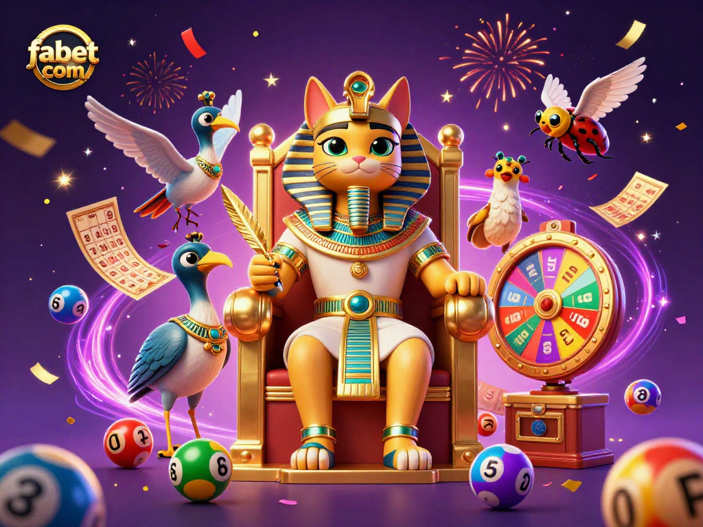 Engage in thrilling gameplay at fabet com with a vibrant scene featuring lottery excitement, colorful balls, and characters.
