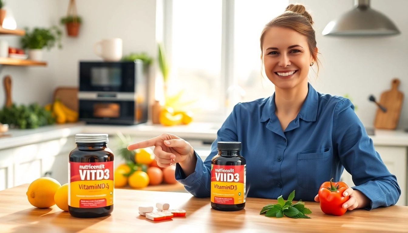 Vitamin D3 supplements being showcased by a nutritionist in a bright kitchen.
