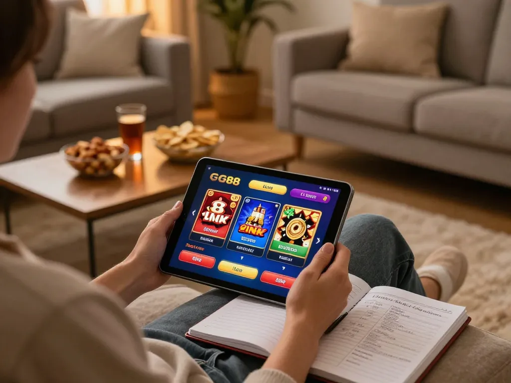 Engaging user enjoying the GG88 Link online casino experience on a cozy tablet