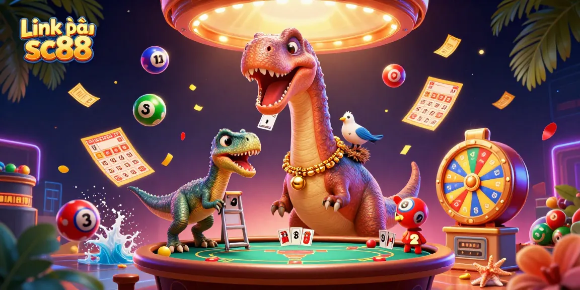 Experience Link vào sc88 with vibrant casino elements in a dynamic cartoon scene featuring dinosaurs.