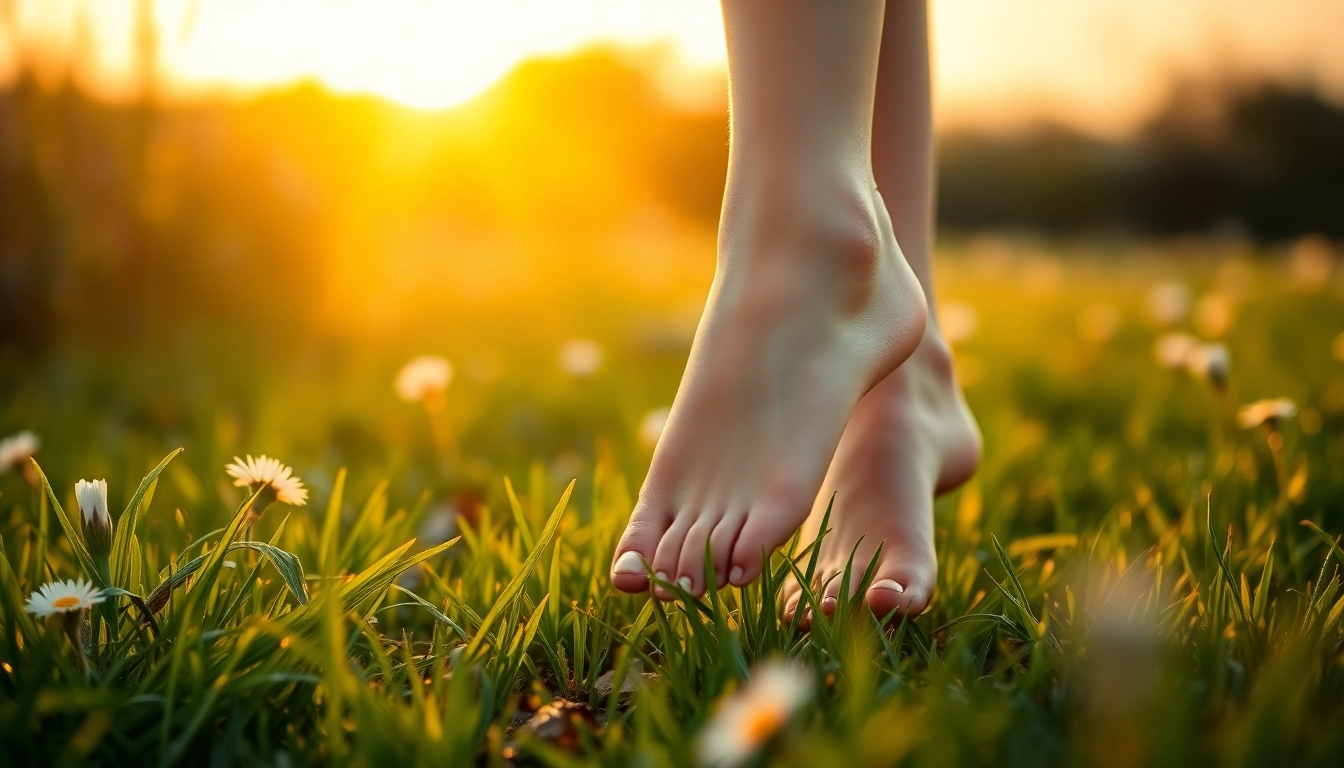 Fußbilder verkaufen mit elegantem Modell bei Sonnenuntergang in der Natur.