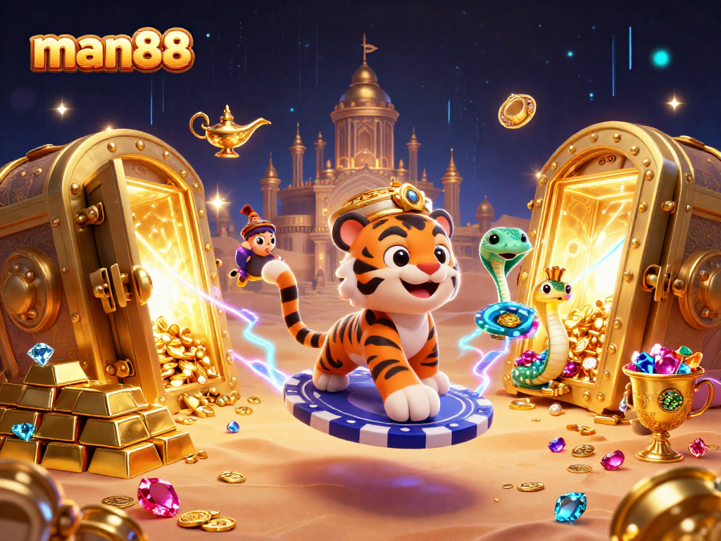 Experience thrilling gameplay at man88 with an Arabian Nights-themed casino scene filled with treasures.