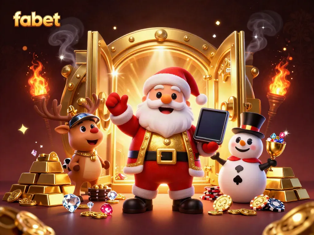 Experience the thrill of fabet's lavish casino atmosphere with Santa and friends celebrating slot jackpots.