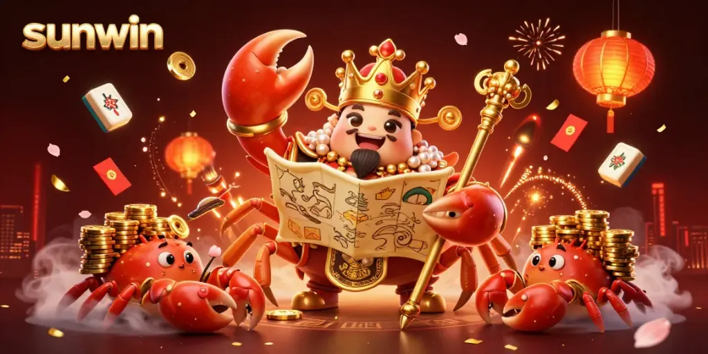 Join the excitement of sunwin with a vibrant 3D illustration of a golden crab emperor ruling over the gaming world.