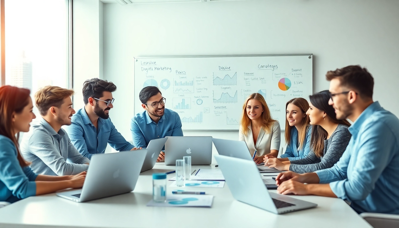 Online Marketing Strategien erarbeiten mit einem kreativen Team in modernem Büroumfeld.