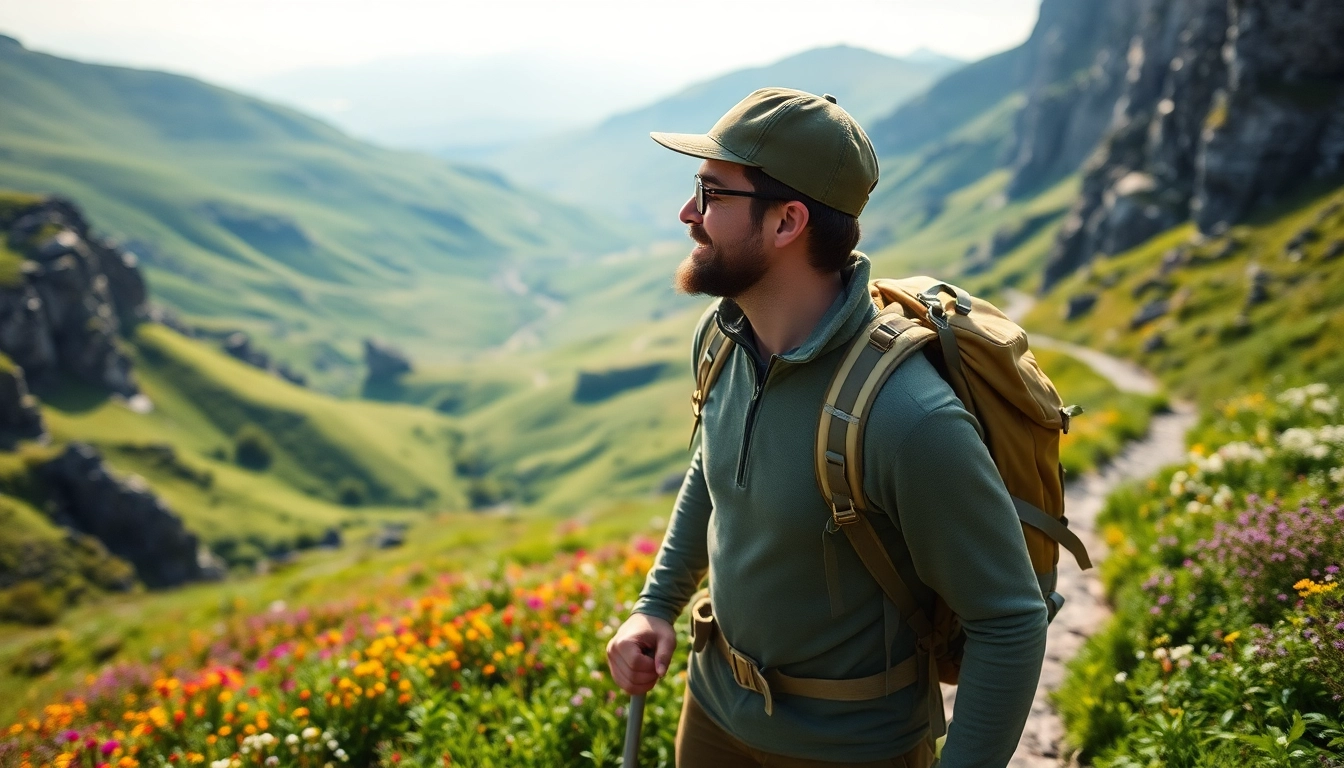 Irland wandern in den grünen Hügeln mit einem Wanderer, der die atemberaubende Landschaft genießt.
