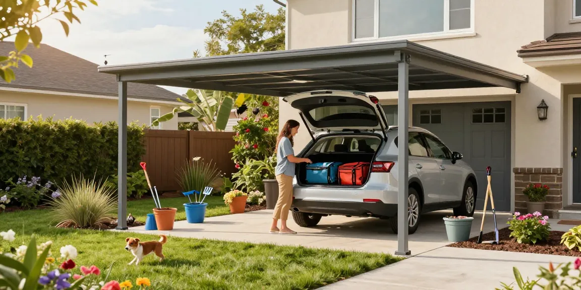 Moderne Carport in einer sonnigen Wohngegend mit einem glücklichen Paar, das das Auto für einen Wochenendausflug vorbereitet.