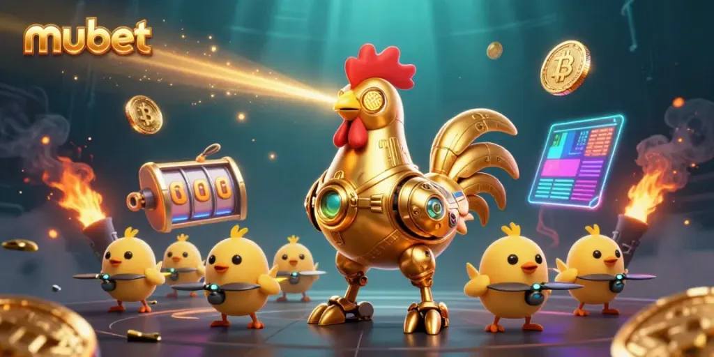 Engage with mubet's golden rooster robot leading a vibrant casino adventure with dynamic gaming elements.