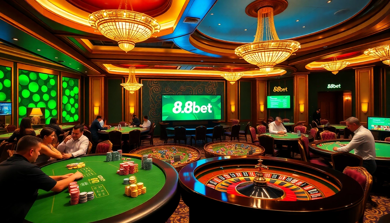 Players enjoying thrilling games at 88bet's luxurious casino tables, highlighting excitement and strategy.