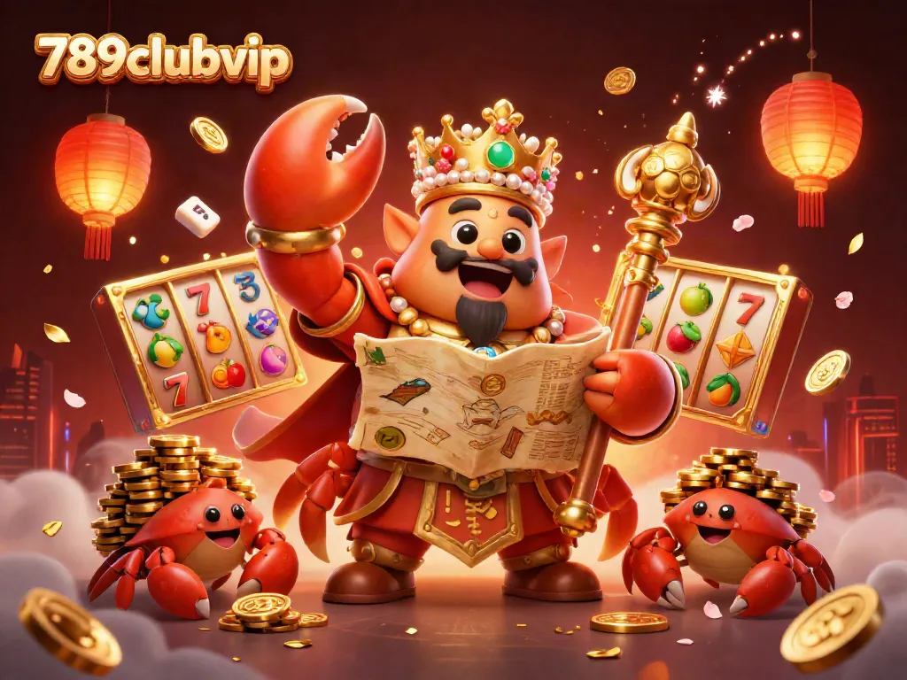 Experience the excitement of 789clubvip with a golden crab emperor amidst dynamic casino elements.