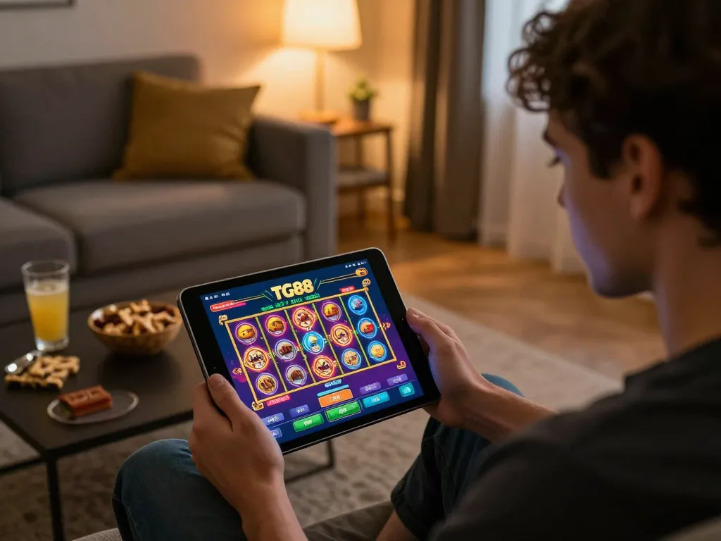 Experience online gaming with TG88 casino app on a tablet in a cozy home.