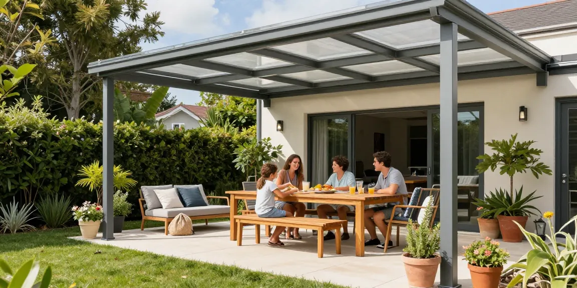 Freistehende Terrassenüberdachung im Garten mit Familie bei Sonnenschein.